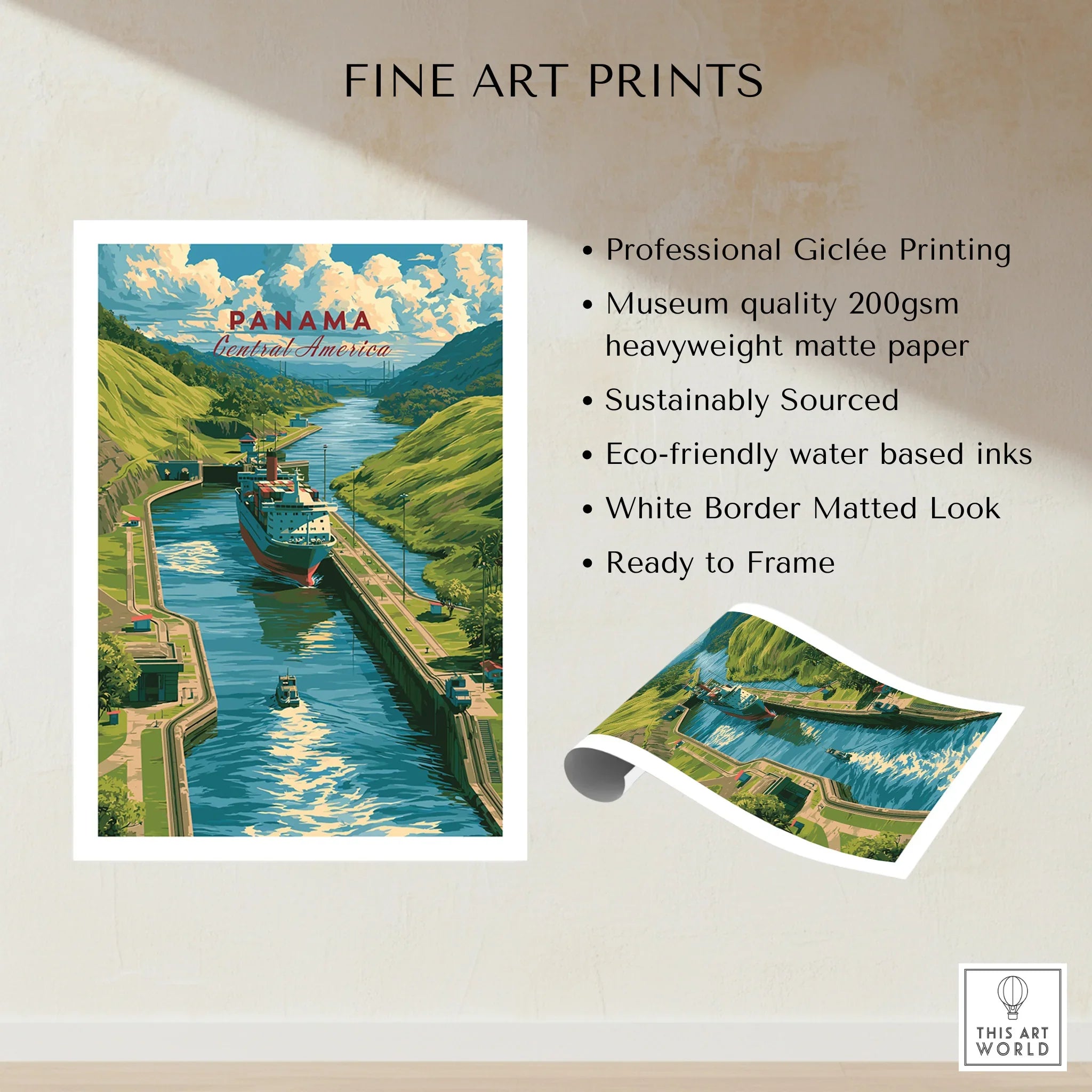 Panama Canal travel poster with ship navigating lush green hills, ideal for home decor wall art