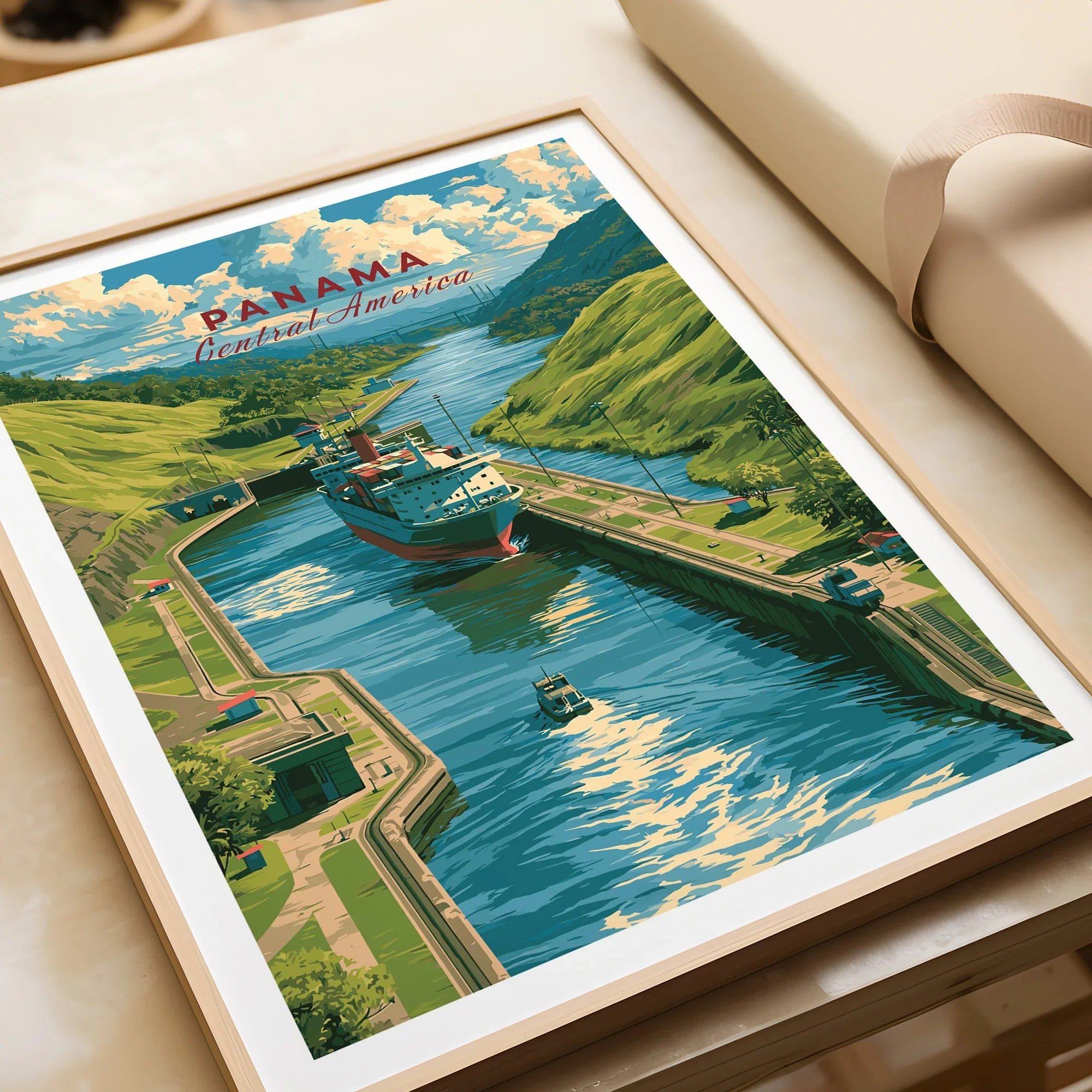 Panama Central America travel poster featuring canal, ship, and lush green hills for wall art decor