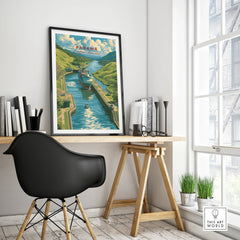 Panama Central America travel poster featuring canal and lush green hills, perfect for home decor