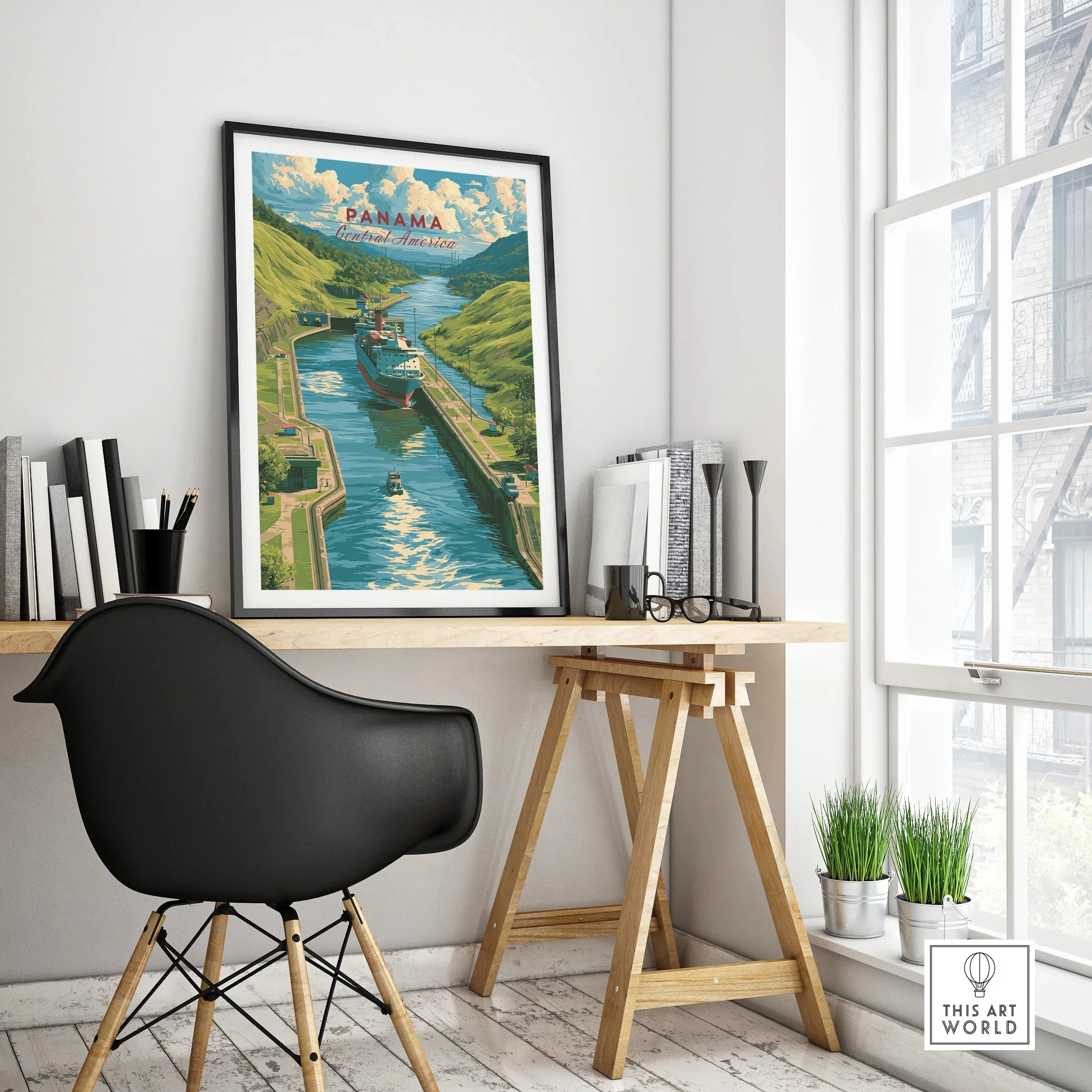 Panama Central America travel poster featuring canal and lush green hills, perfect for home decor