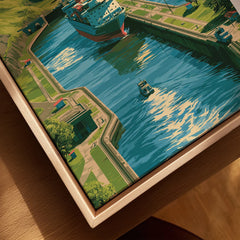 Vibrant canal art print with ships, greenery, and water reflections for home decor