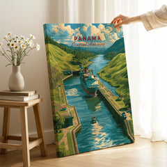 Panama Central America travel poster featuring canal, lush hills, and ship, ideal for home decor