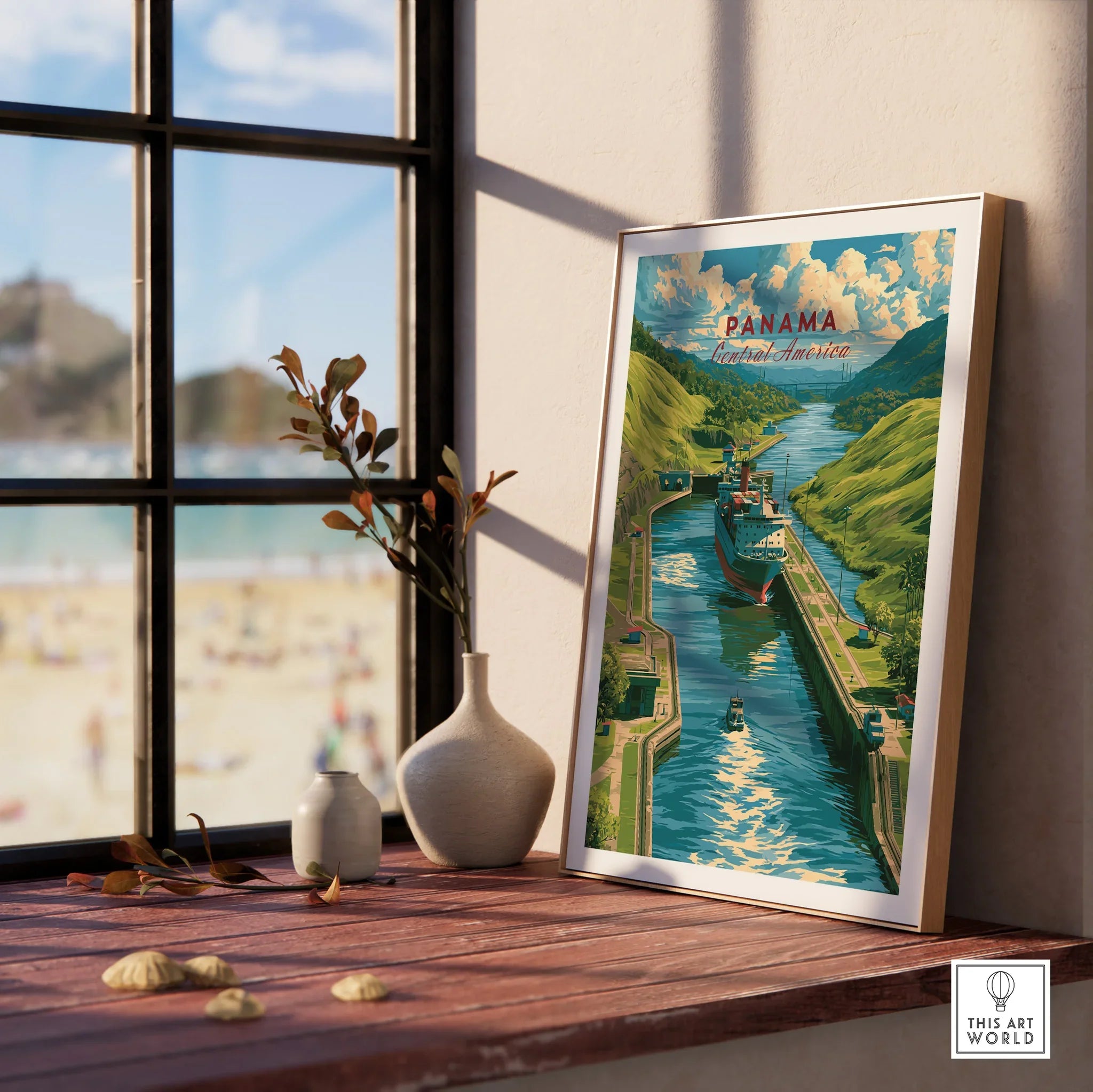 Panama Central America travel poster featuring canal, lush hills, and ship, perfect for home decor
