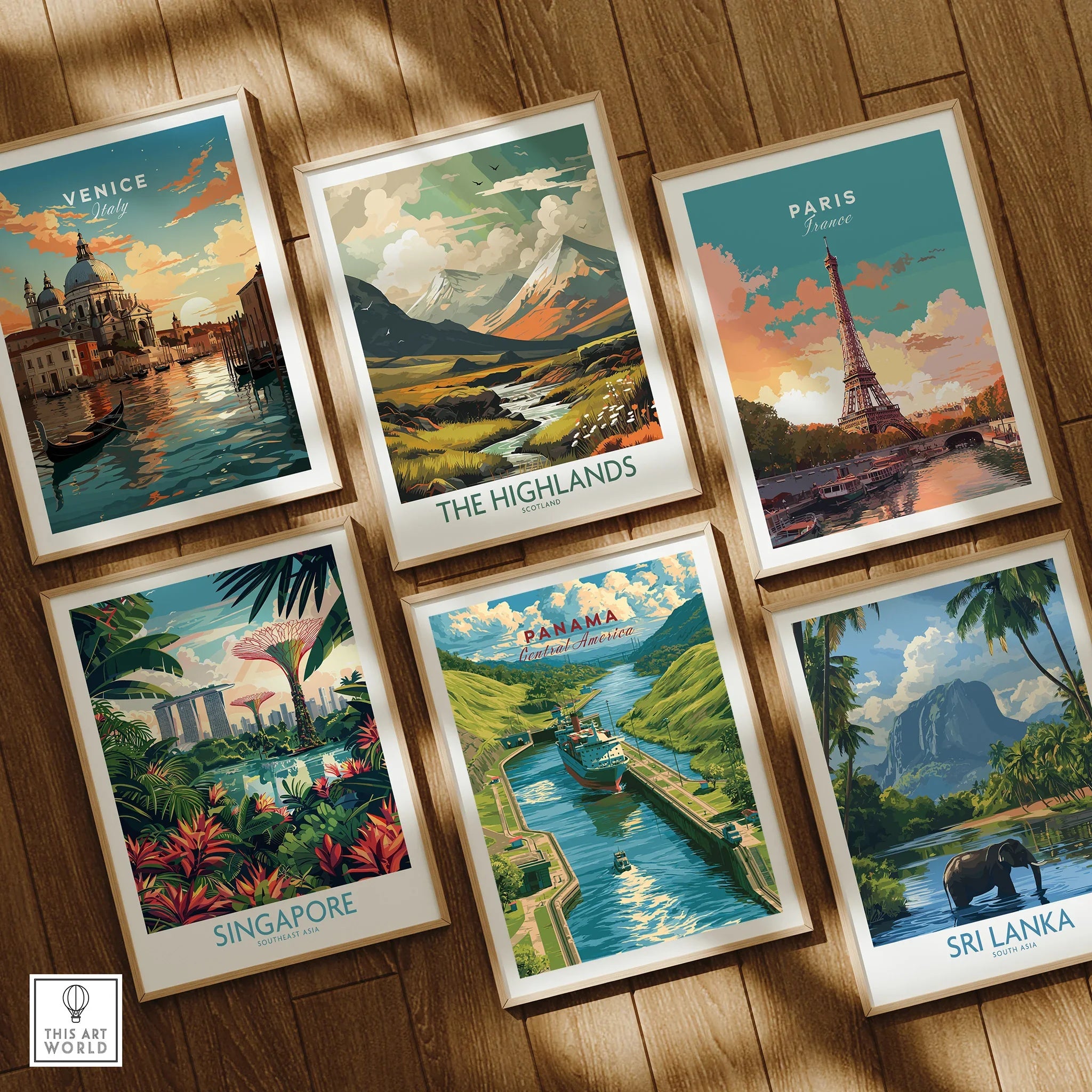 Travel posters featuring Venice, Paris, Singapore, Panama, Sri Lanka, and The Highlands for home decor
