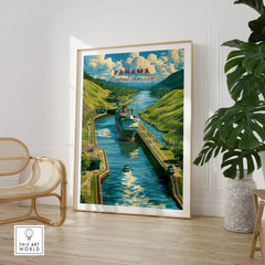 Panama Central America travel poster featuring canal, lush hills, and ships, ideal for home decor