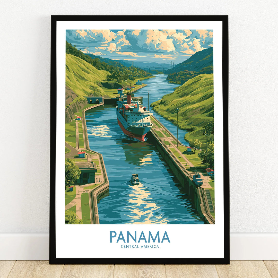 Panama Canal travel poster with cargo ship, lush green hills, and blue water, ideal for wall art decor.