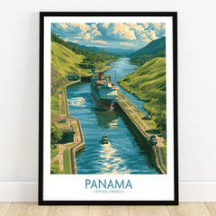 Panama Canal travel poster with cargo ship, lush green hills, and blue water, ideal for wall art decor.