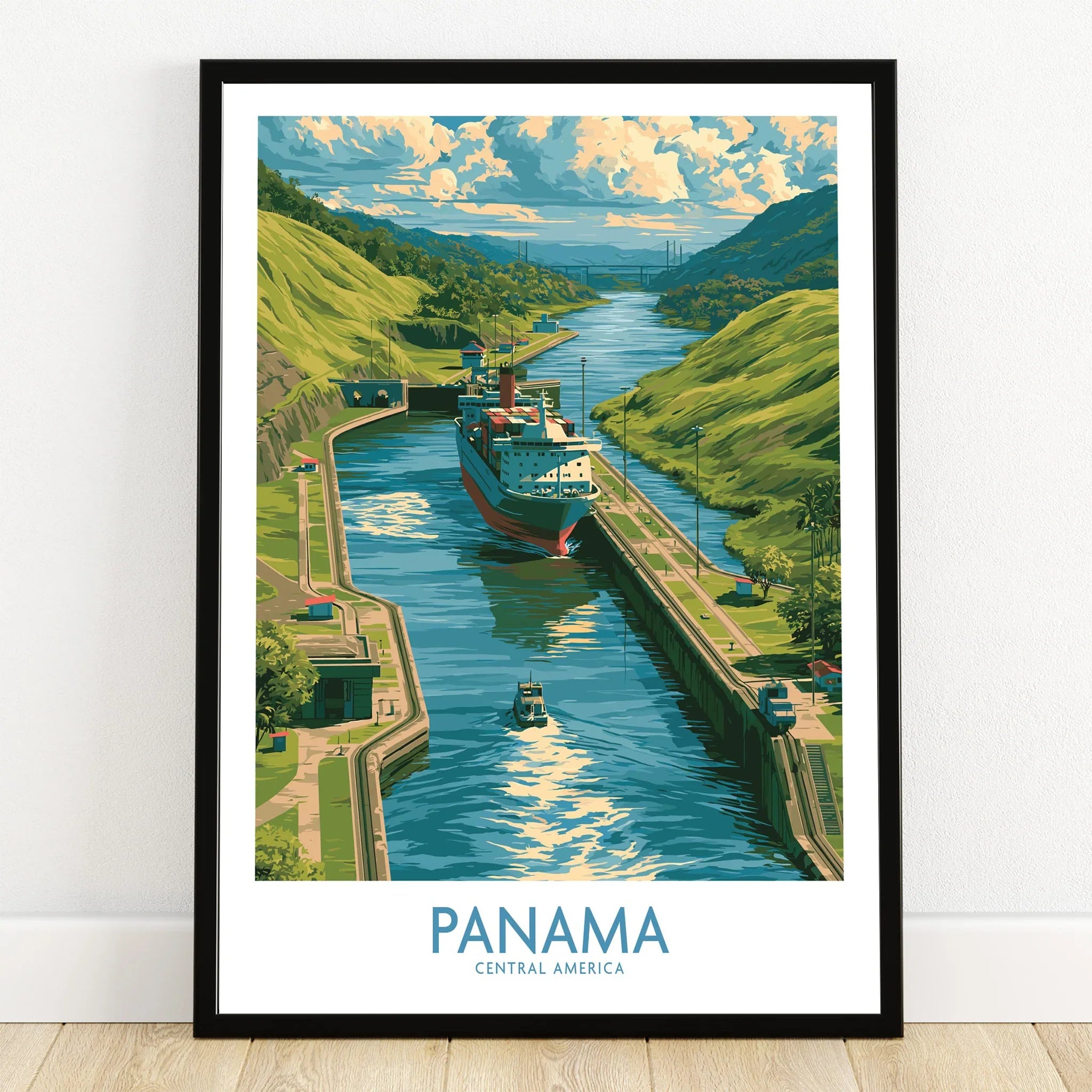 Panama Canal travel poster with cargo ship, lush green hills, and blue water, ideal for wall art decor.