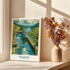 Panama travel poster featuring canal, ships, and lush green hills, perfect for wall art decor