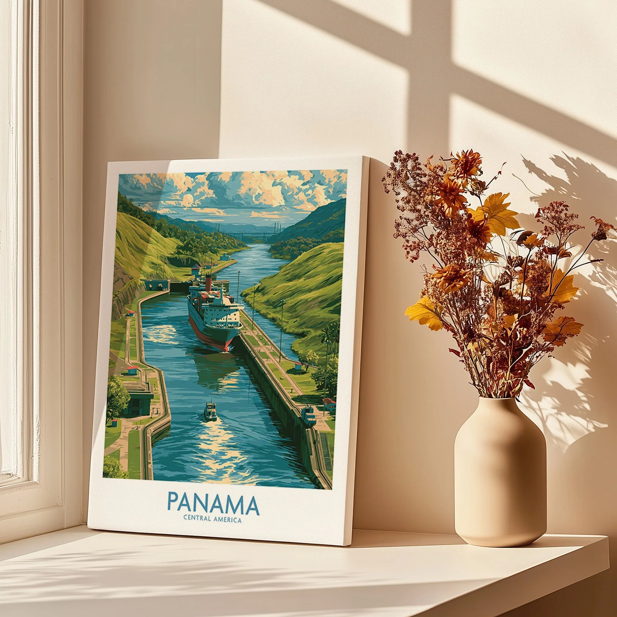 Panama travel poster featuring canal, ships, and lush green hills, perfect for wall art decor