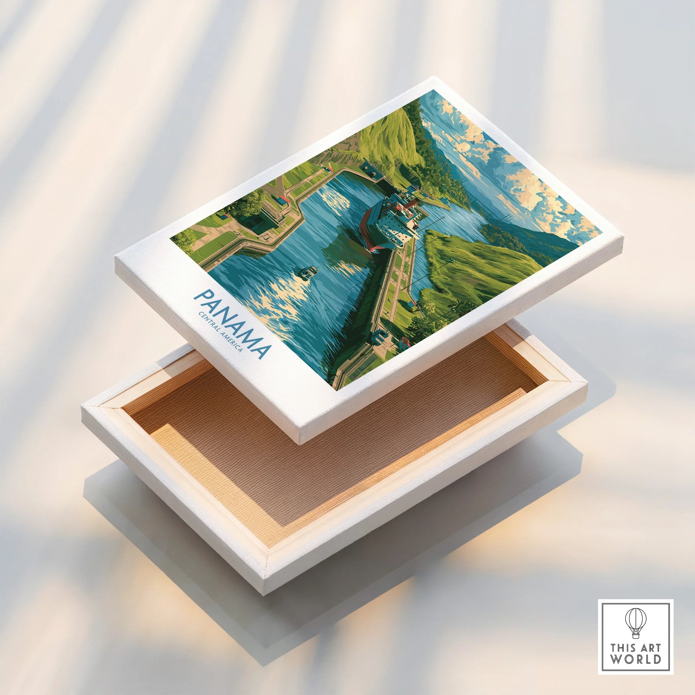 Panama travel poster featuring canal and lush greenery, ideal for home decor wall art