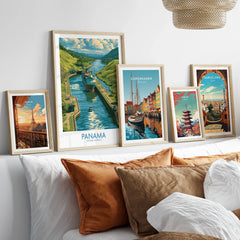 Travel posters of Paris, Panama, Copenhagen, Tokyo, and Barcelona for home decor wall art