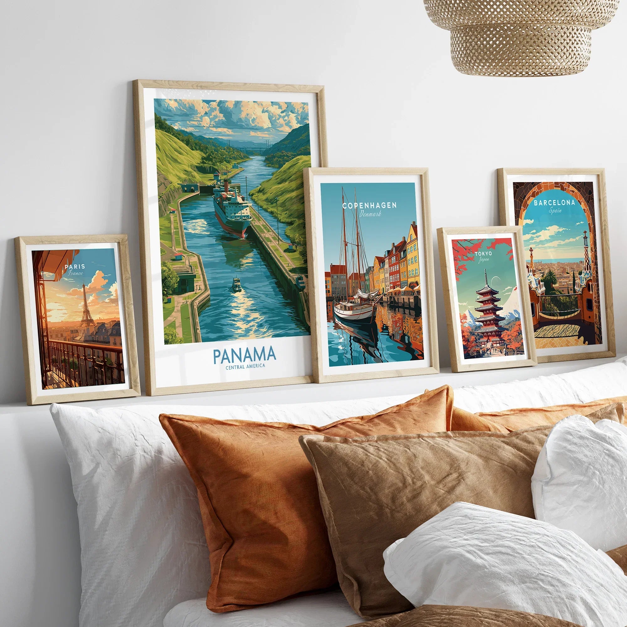 Travel posters of Paris, Panama, Copenhagen, Tokyo, and Barcelona for home decor wall art