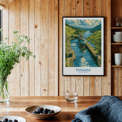 Panama travel poster featuring canal, lush green hills, and ships, ideal for home decor