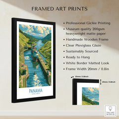 Panama travel poster featuring canal, lush green hills, and ship, framed wall art for home decor