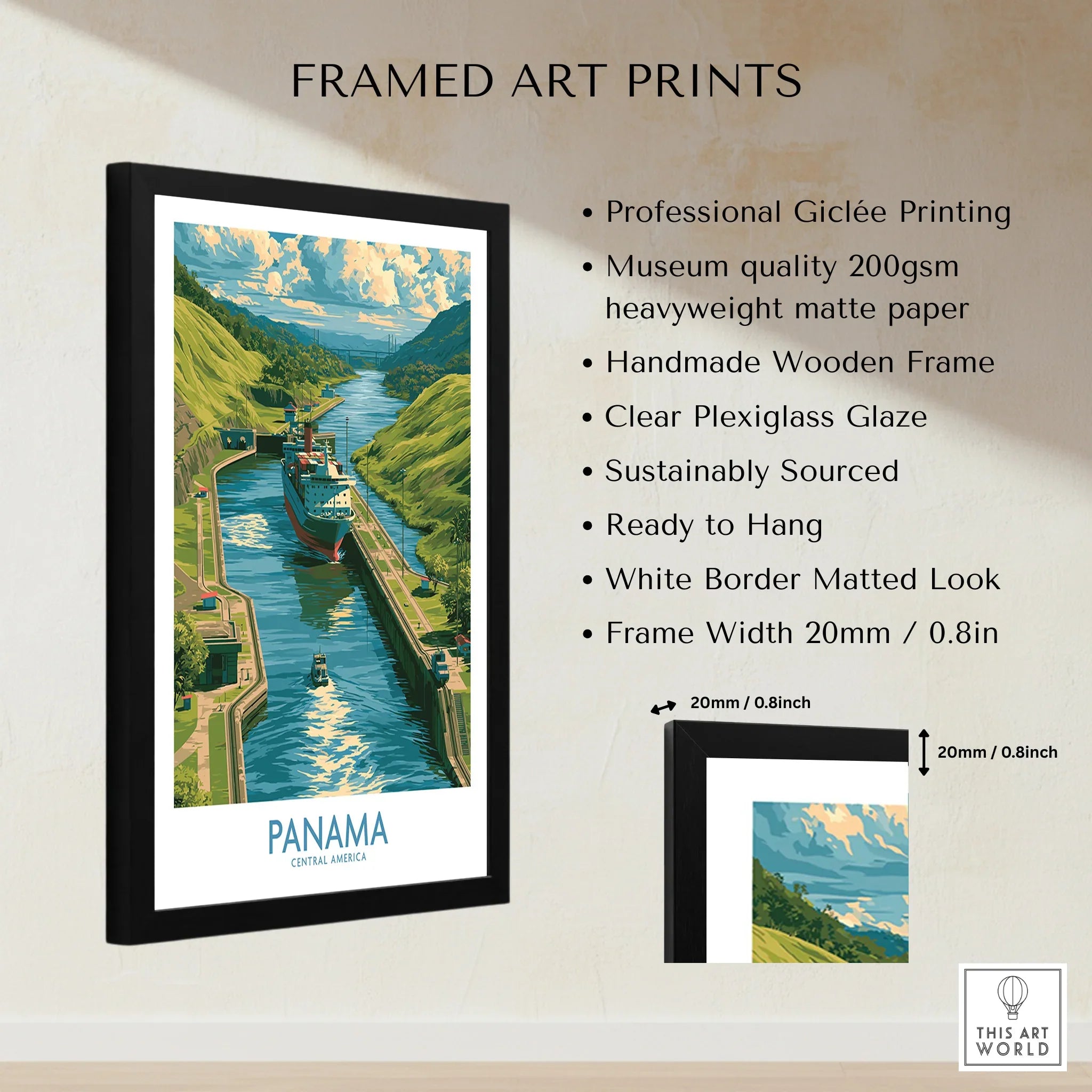 Panama travel poster featuring canal, lush green hills, and ship, framed wall art for home decor