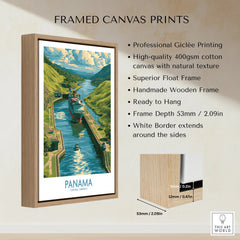 Panama Canal travel poster with ship navigating lush green hills, framed canvas wall art