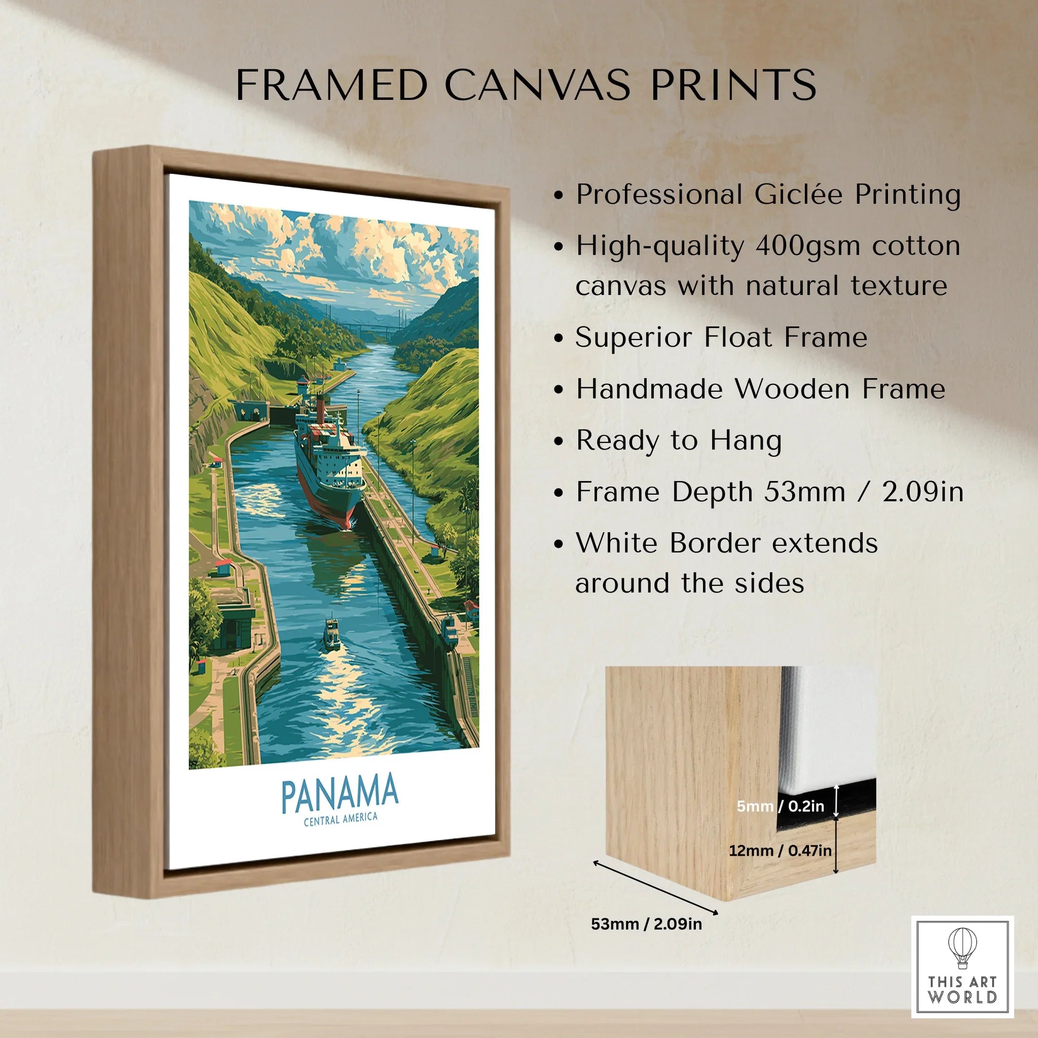 Panama Canal travel poster with ship navigating lush green hills, framed canvas wall art