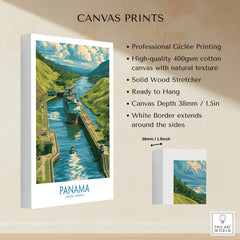 Panama Canal travel poster canvas print with lush green hills and ships, ideal for home decor