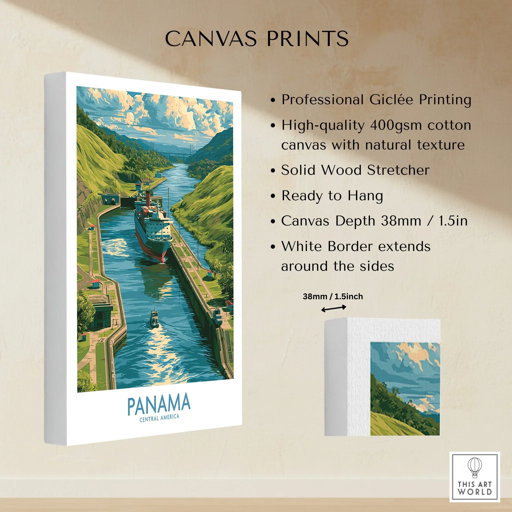 Panama Canal travel poster canvas print with lush green hills and ships, ideal for home decor