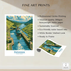 Panama Canal travel poster with ships navigating lush green hills, ideal for home decor