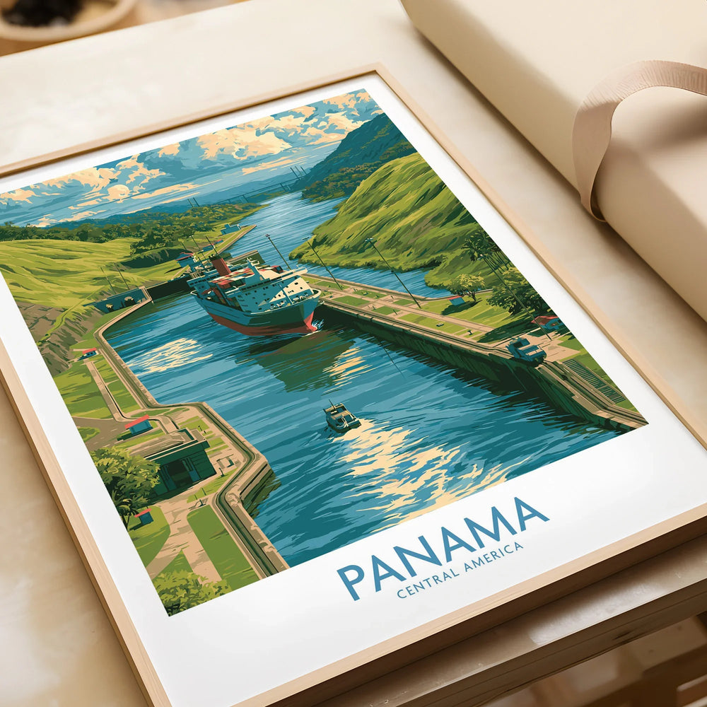 Panama Canal travel poster with ships navigating locks, vibrant green hills, and blue waters, ideal wall art.