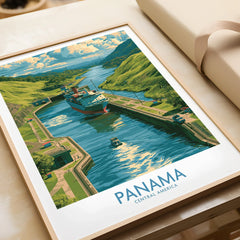 Panama Canal travel poster with ships navigating locks, vibrant green hills, and blue waters, ideal wall art.