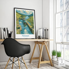 Panama travel poster featuring canal and lush green hills, ideal for home decor