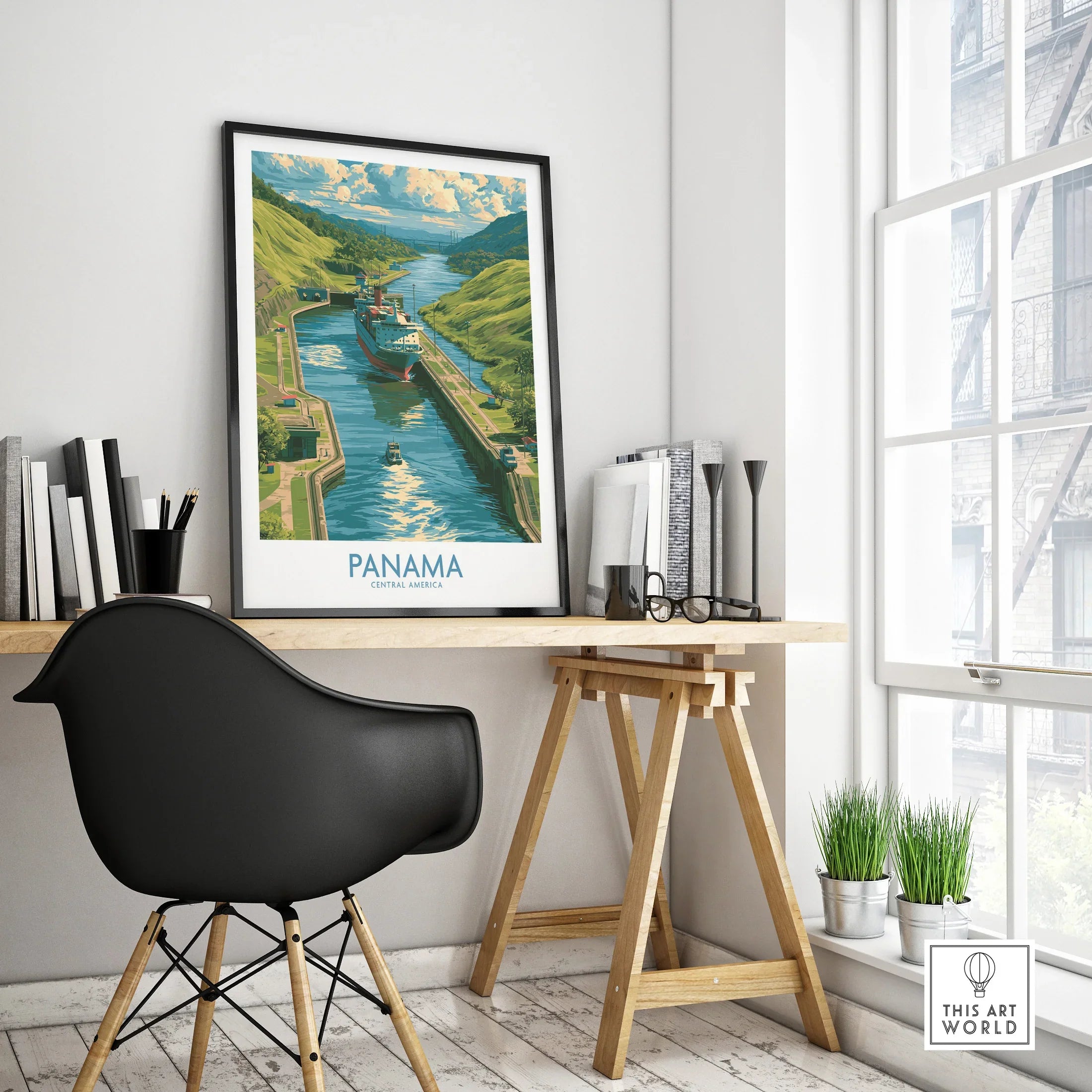 Panama travel poster featuring canal and lush green hills, ideal for home decor