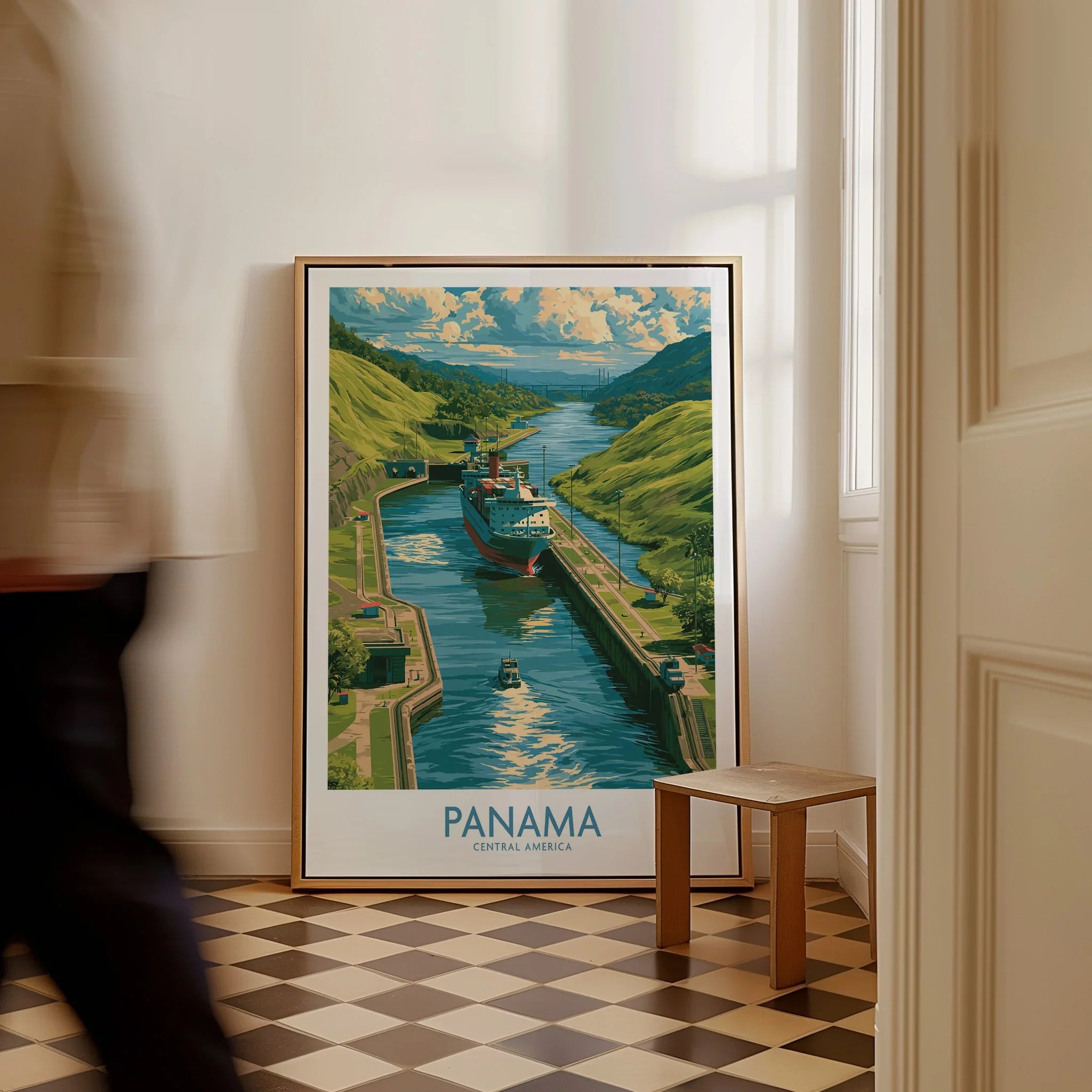 Panama Canal travel poster with lush green hills and ships, perfect for home decor wall art