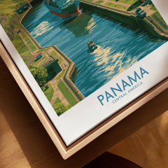 Panama Central America travel poster with canal, ships, and vibrant greenery for wall art decor