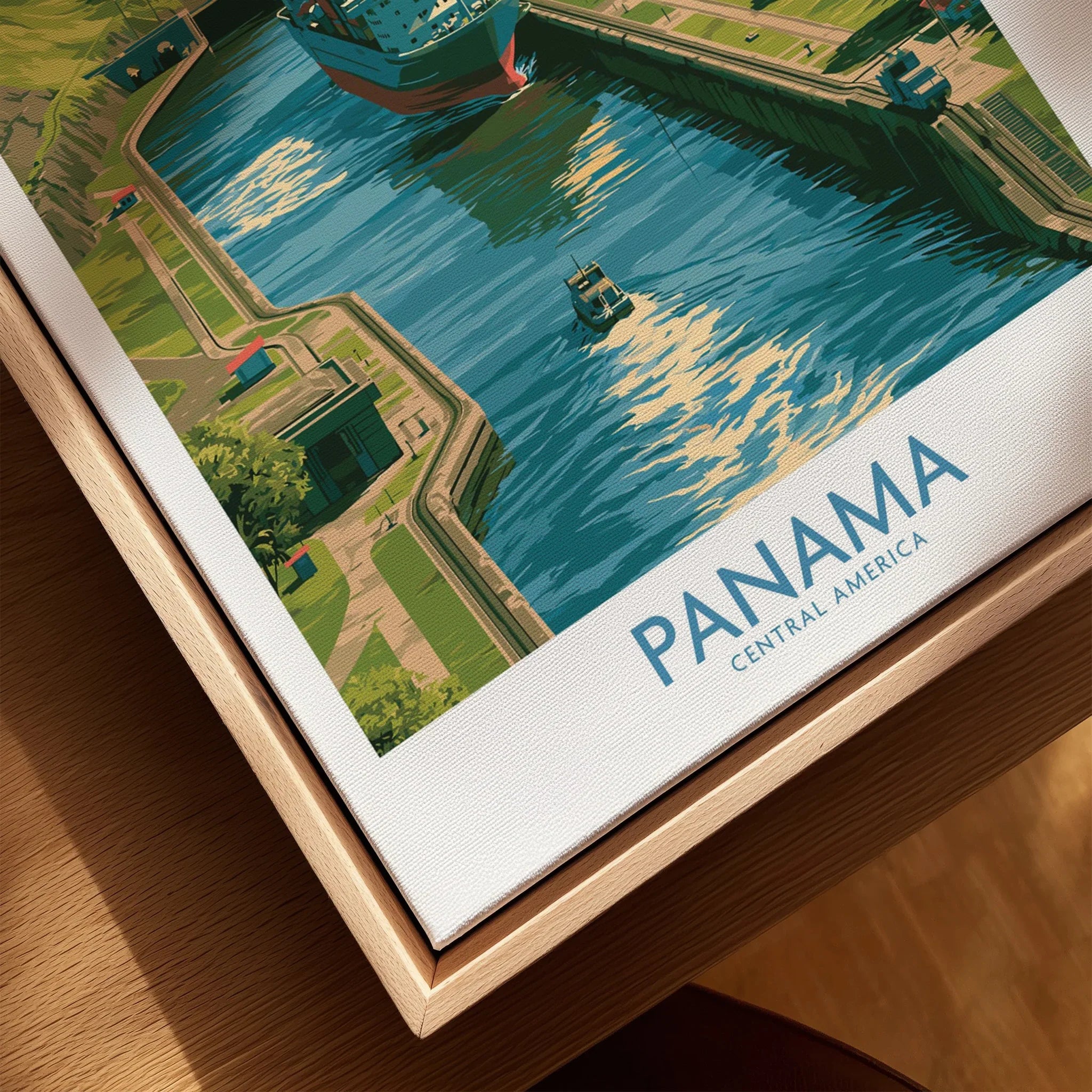 Panama Central America travel poster with canal, ships, and vibrant greenery for wall art decor