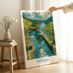 Panama Canal travel poster print with ship navigating locks, lush green hills, and vibrant sky for home wall art decor