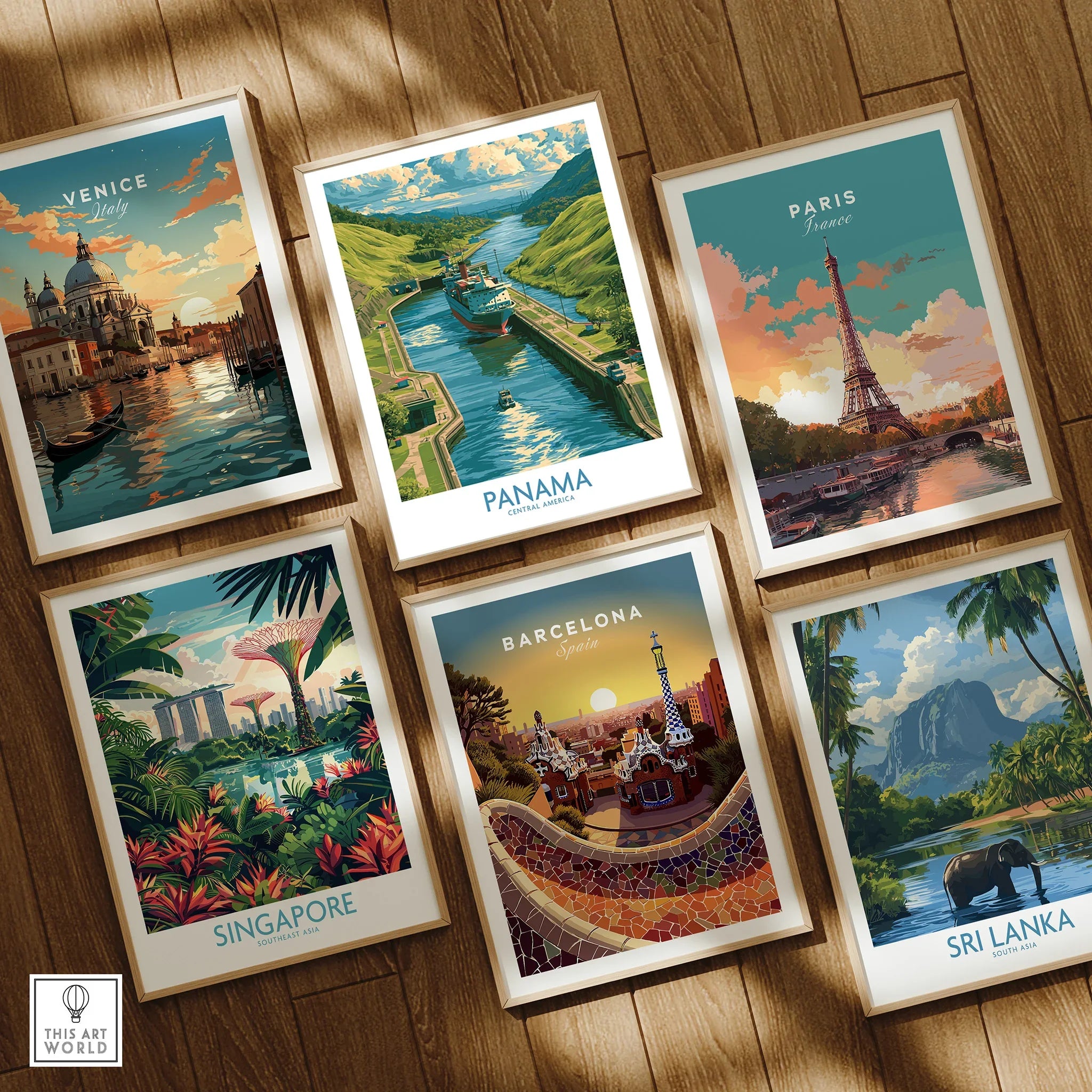 Travel posters of Venice, Panama, Paris, Singapore, Barcelona, and Sri Lanka for home decor