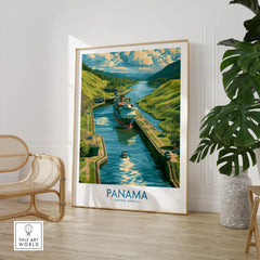Panama Canal travel poster with lush green hills and ships, perfect for home decor wall art