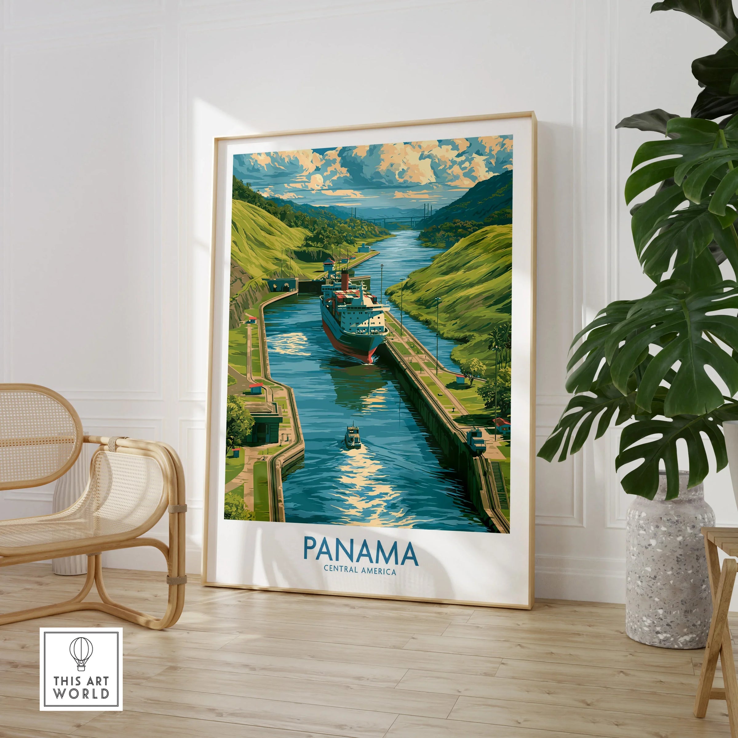 Panama Canal travel poster with lush green hills and ships, perfect for home decor wall art