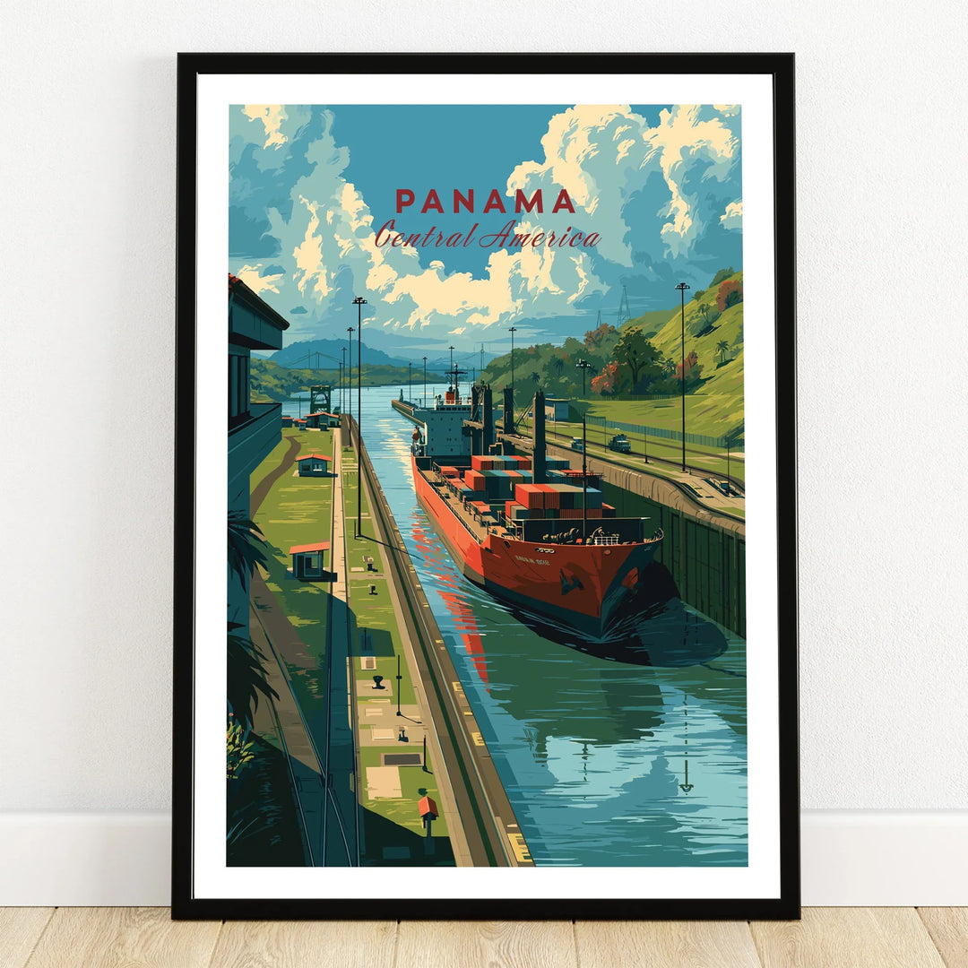 Panama Central America travel poster featuring a cargo ship in the canal, vibrant sky, and lush green hills.
