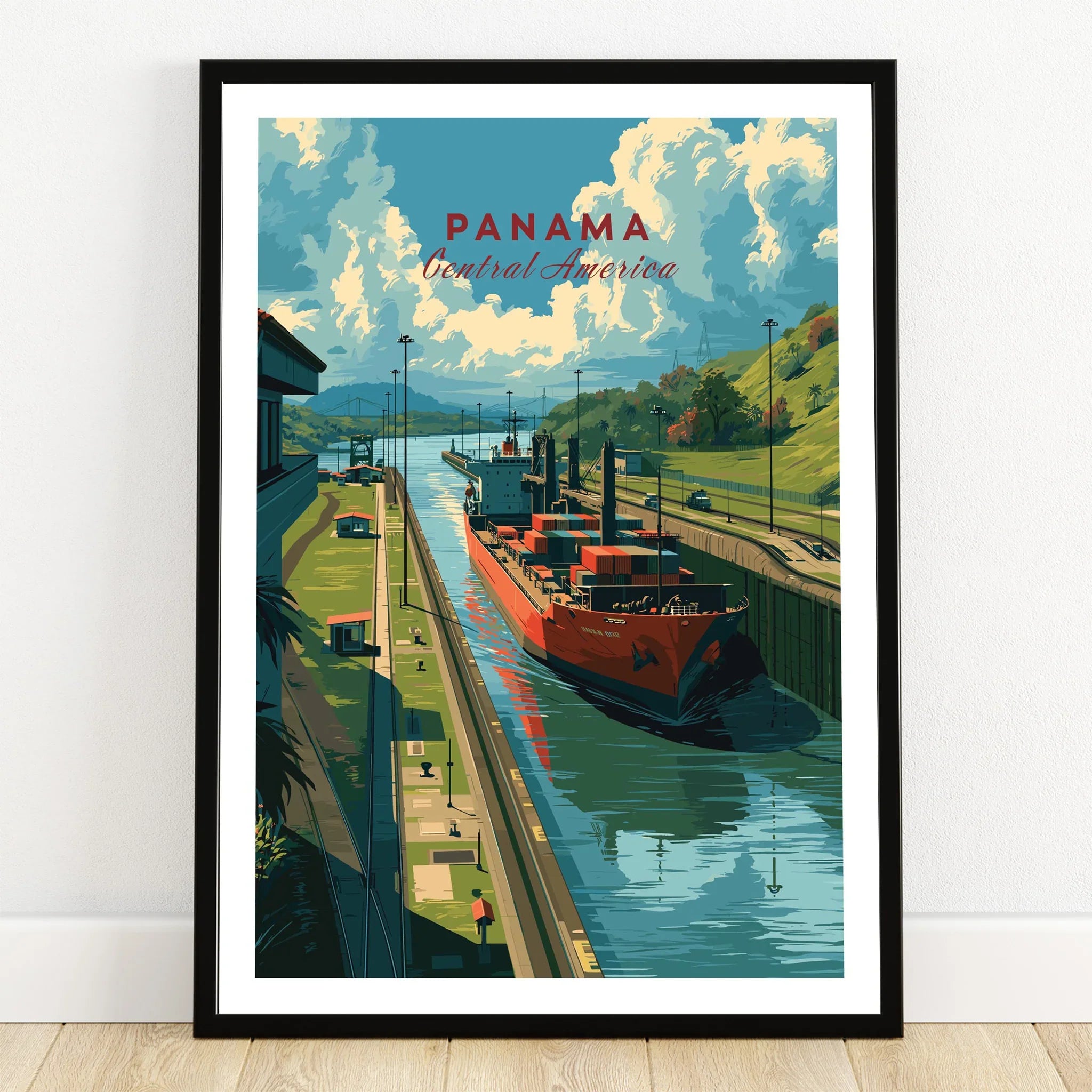 Panama Central America travel poster featuring a cargo ship in the canal, vibrant sky, and lush green hills.