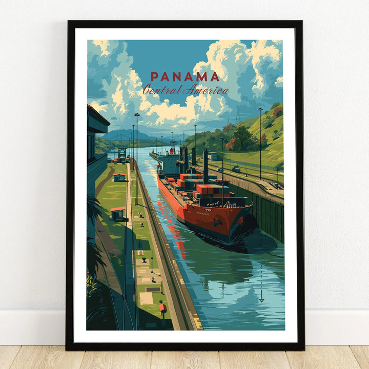 Panama Central America travel poster featuring a cargo ship in the canal, vibrant sky, and lush green hills.