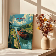 Panama travel poster with canal, ship, and hills, styled as vintage wall art beside dried flowers.