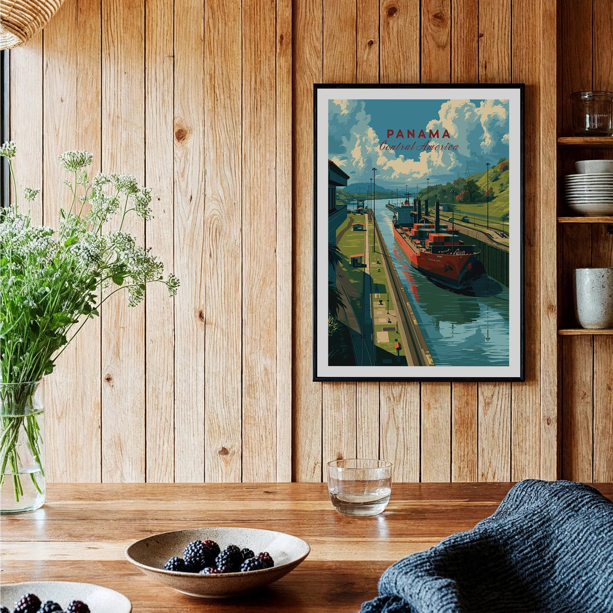 Panama Central America travel poster featuring canal and cargo ship, perfect for home decor