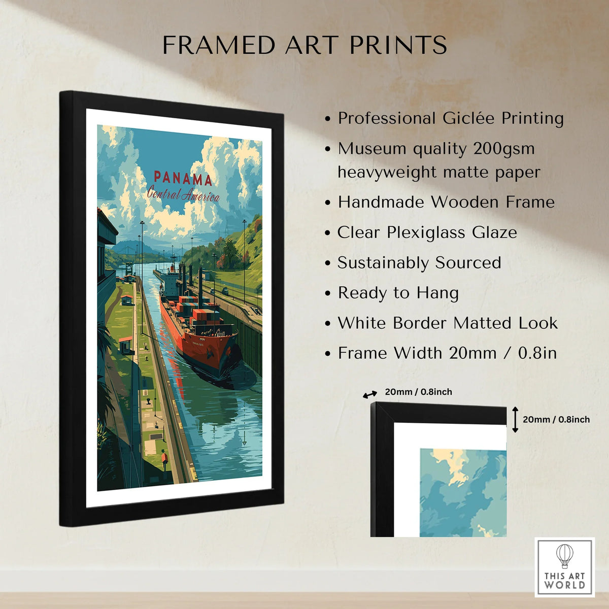 Panama travel poster art print with canal scene, framed wall decor for home