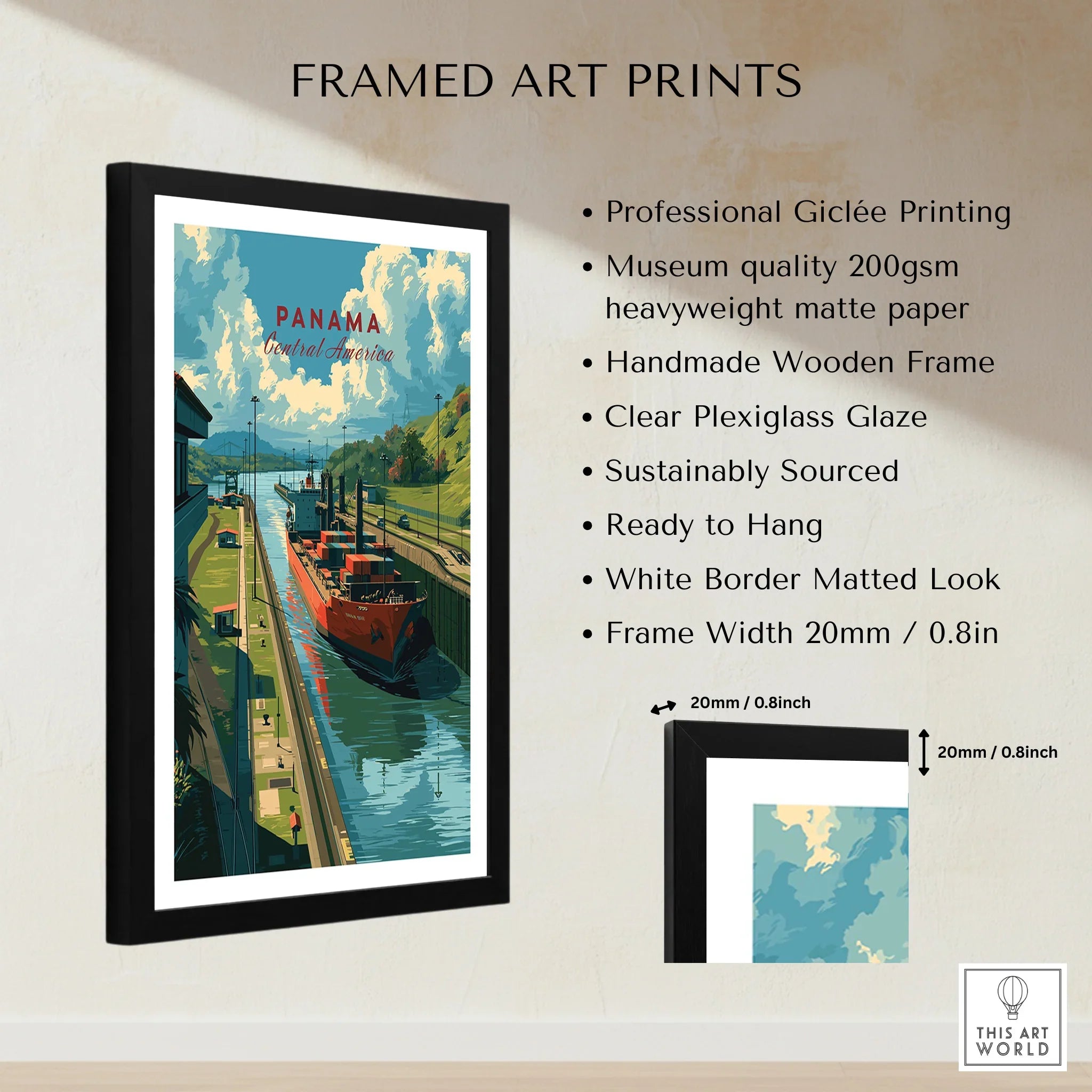 Panama travel poster art print with canal scene, framed wall decor for home