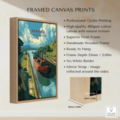 Framed Panama Canal travel poster with vibrant ship art, handmade wood frame, and mirror wrap design.