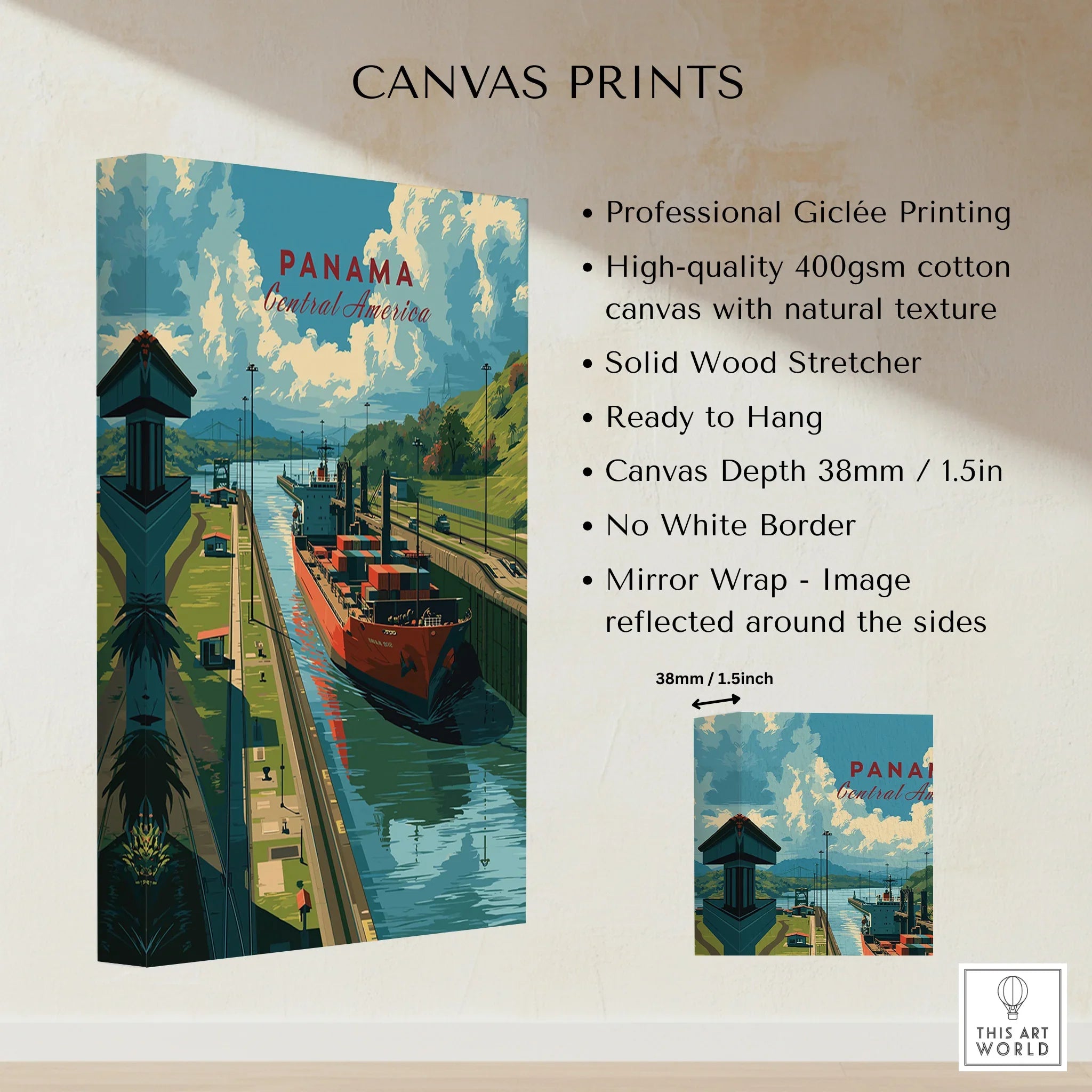Panama travel poster canvas print featuring canal, cargo ship, and lush green hills for home decor