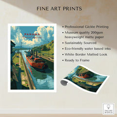 Panama Central America travel poster featuring canal and cargo ship, ideal for home decor wall art