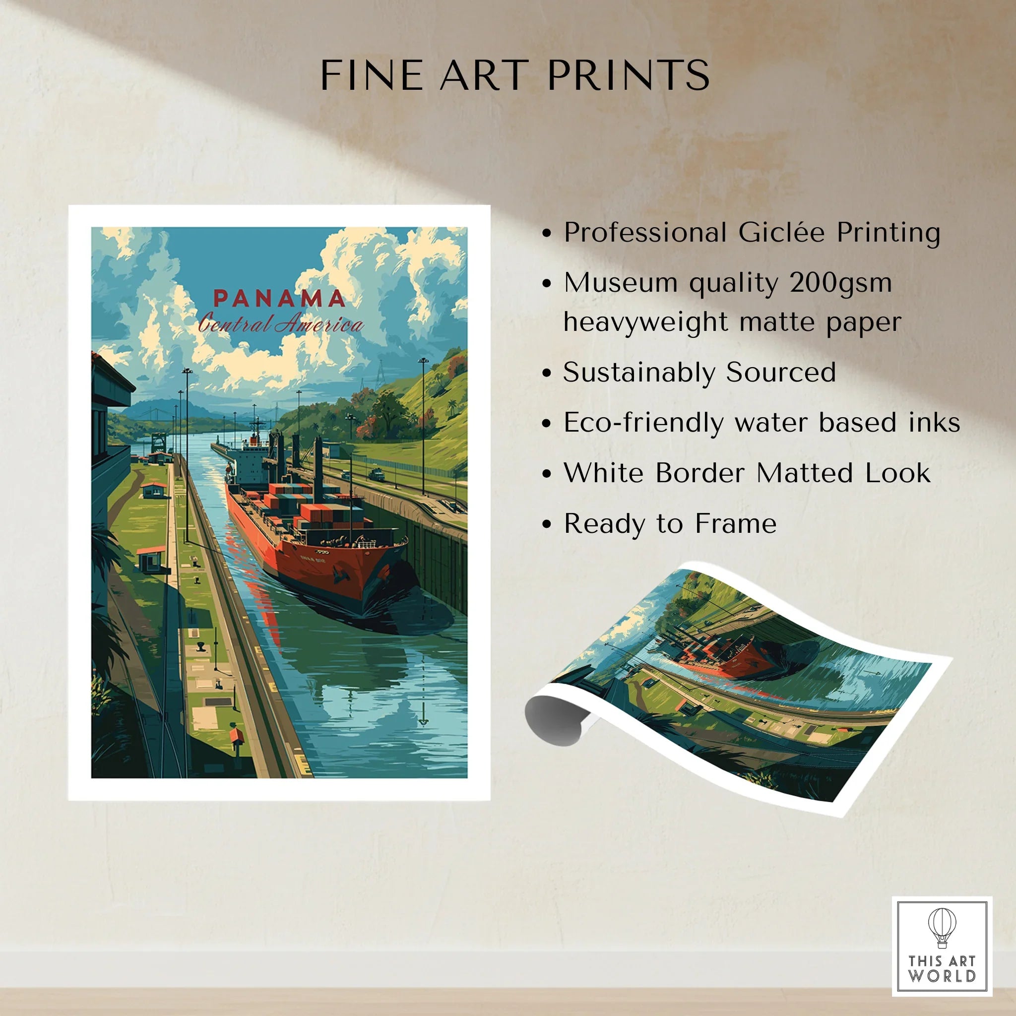 Panama Central America travel poster featuring canal and cargo ship, ideal for home decor wall art