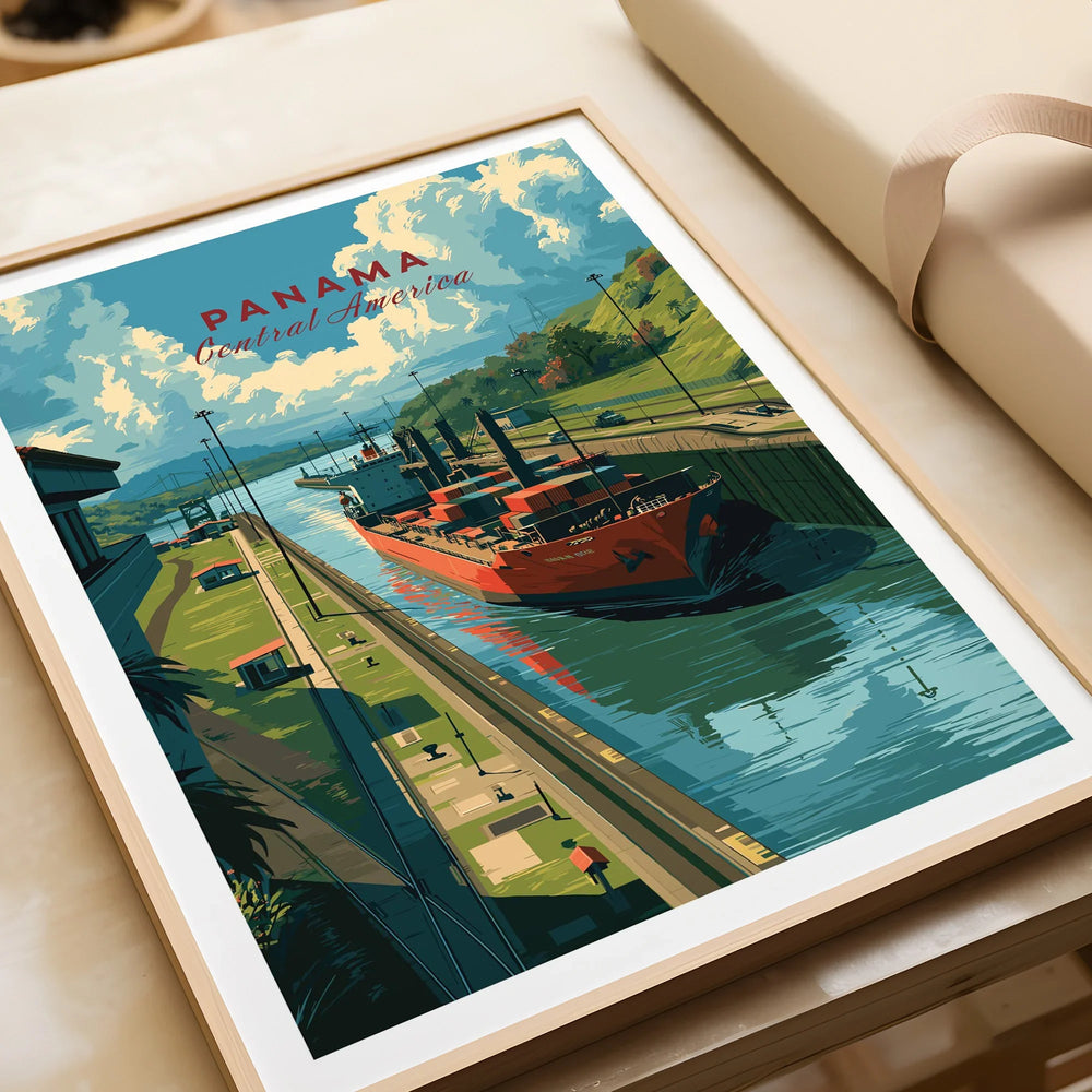 Panama Central America travel poster featuring canal, cargo ship, and lush greenery for home decor