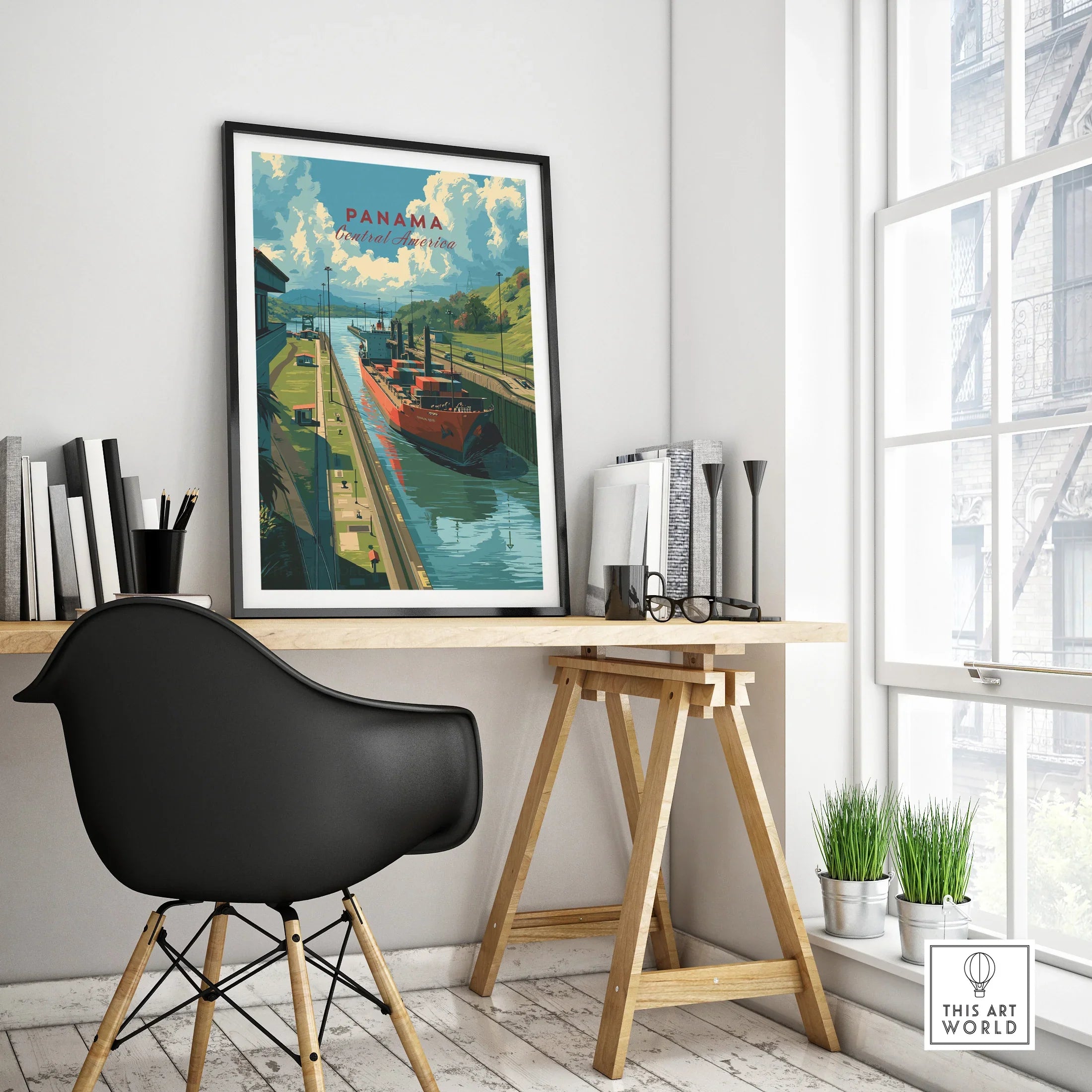 Panama travel poster featuring canal and ship, ideal for home decor and wall art