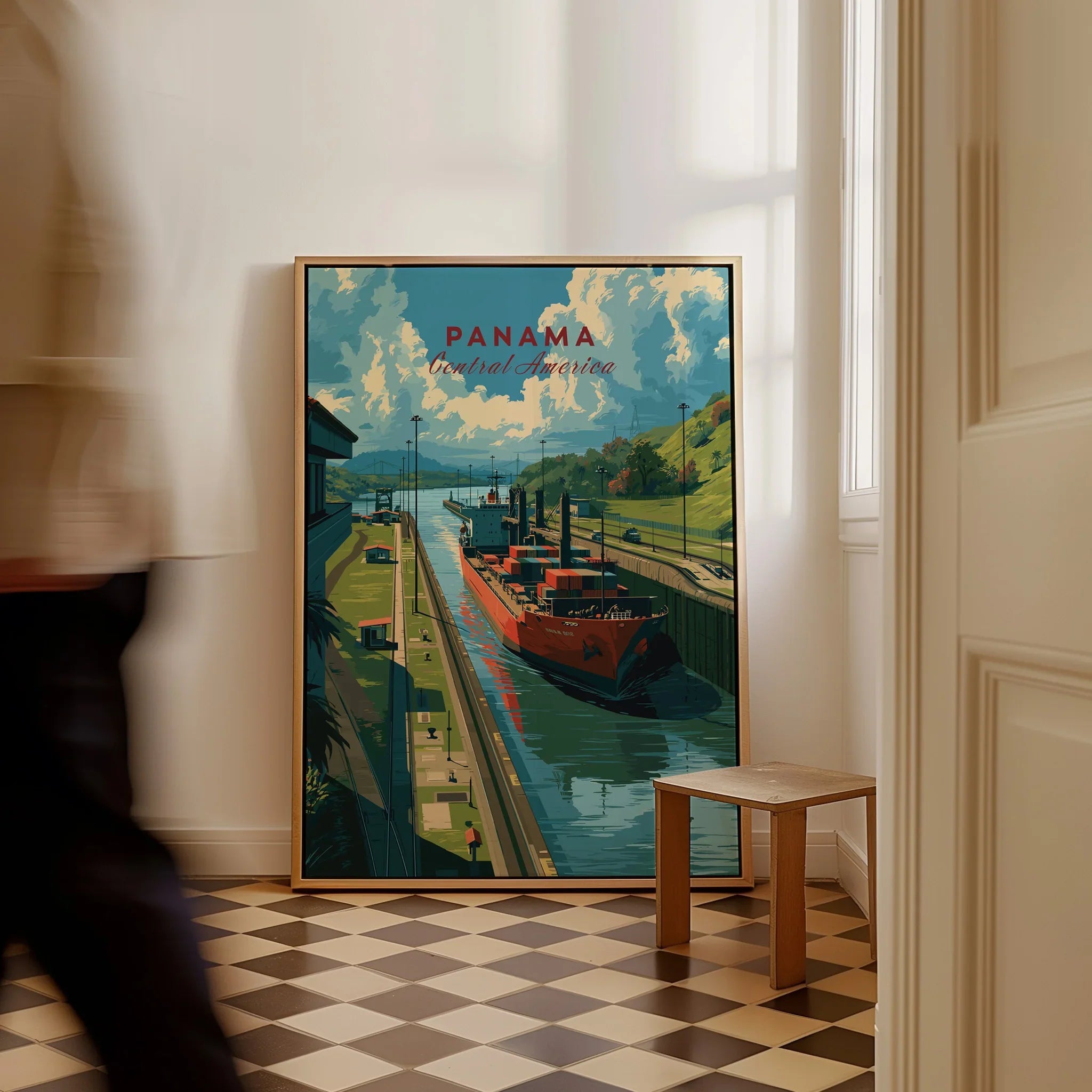 Panama Central America travel poster featuring canal and cargo ship, ideal wall art for home decor